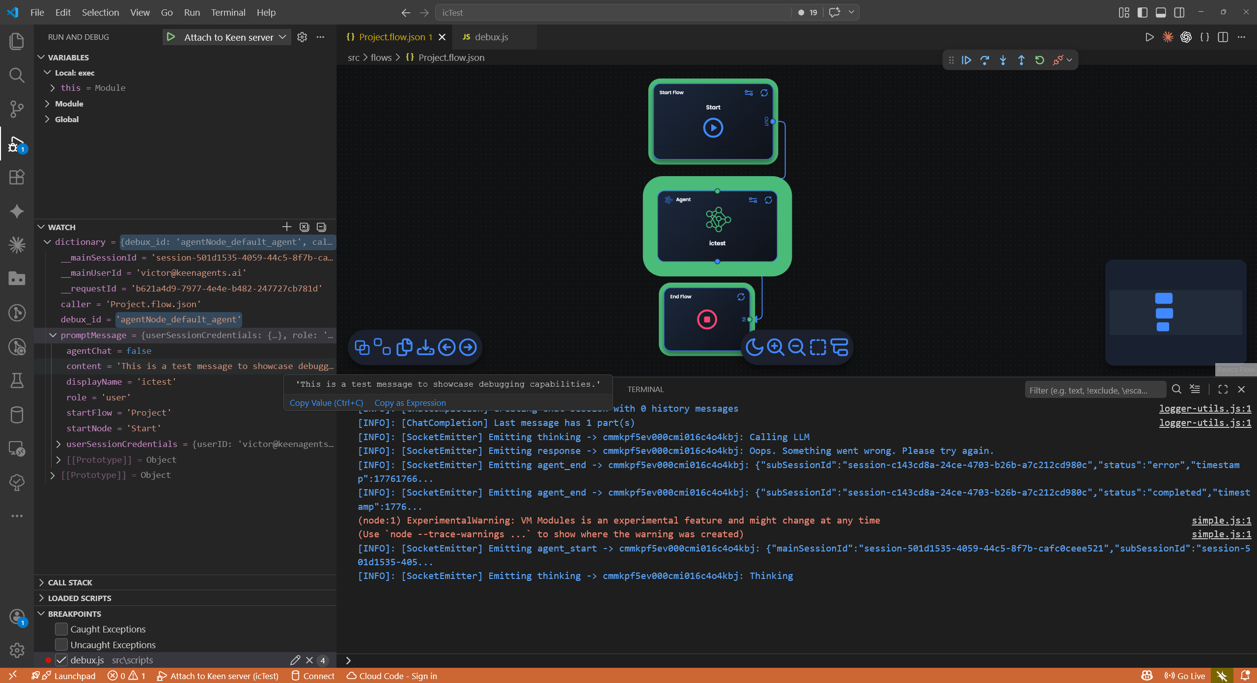 IDE remote debugger showing step-by-step execution with conditional breakpoints and dictionary state inspection