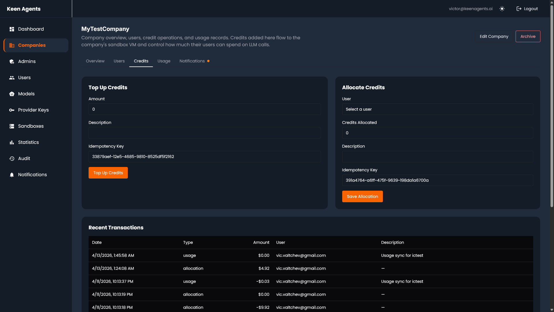 Master-admin credit pool dashboard showing per-company allocation, real-time consumption, and limits
